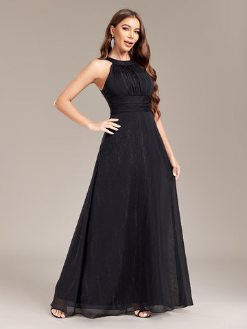 Chic Halter Neck Cut-out Back Pleated Bodice A-line Maxi Formal/Evening Dress