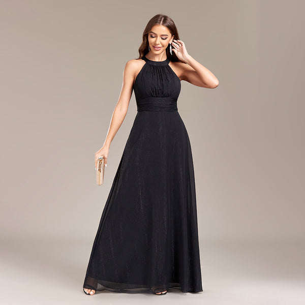 Chic Halter Neck Cut-out Back Pleated Bodice A-line Maxi Formal/Evening Dress