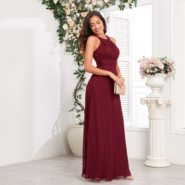 Chic Halter Neck Cut-out Back Pleated Bodice A-line Maxi Formal/Evening Dress