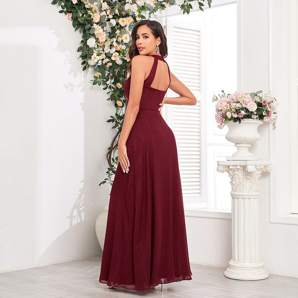 Chic Halter Neck Cut-out Back Pleated Bodice A-line Maxi Formal/Evening Dress