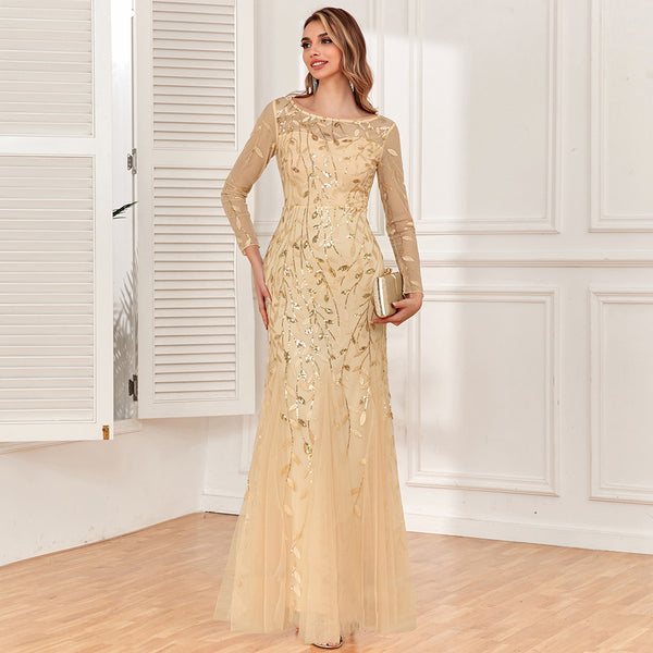 Ethereal Scoop Neckline Long Illusion Sleeves Sheath Lace Maxi Formal/Evening Dress