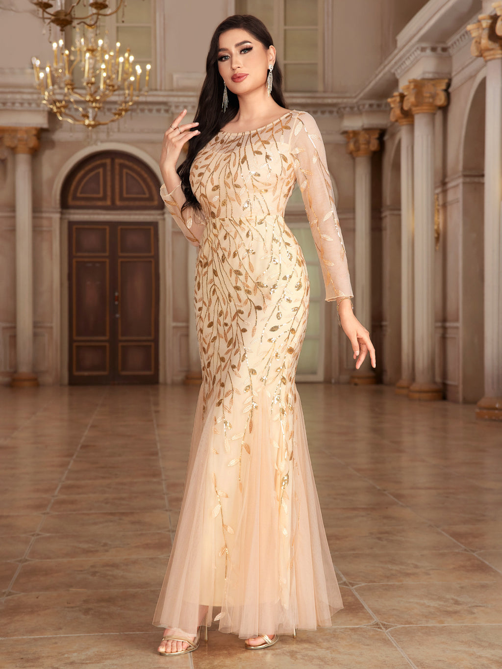 Ätherisches U-Ausschnitt Lange Illusionsärmel Etuikleid aus Spitze Maxi Abendkleid