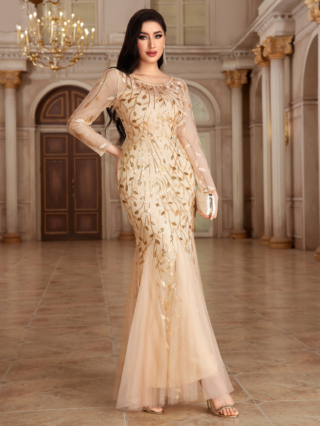 Ätherisches U-Ausschnitt Lange Illusionsärmel Etuikleid aus Spitze Maxi Abendkleid