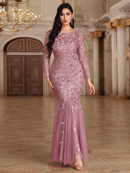 Ethereal Scoop Neckline Long Illusion Sleeves Sheath Lace Maxi Formal/Evening Dress