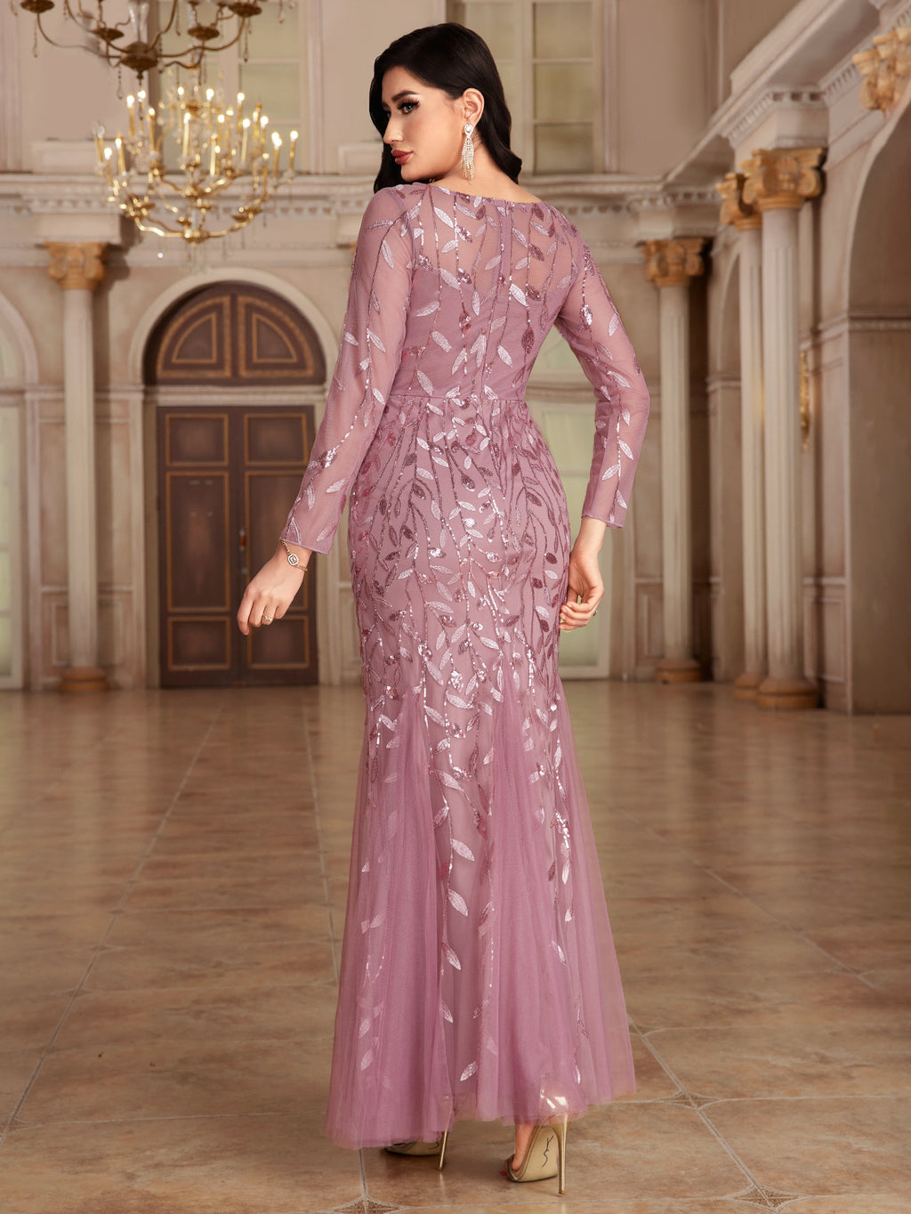 Ätherisches U-Ausschnitt Lange Illusionsärmel Etuikleid aus Spitze Maxi Abendkleid