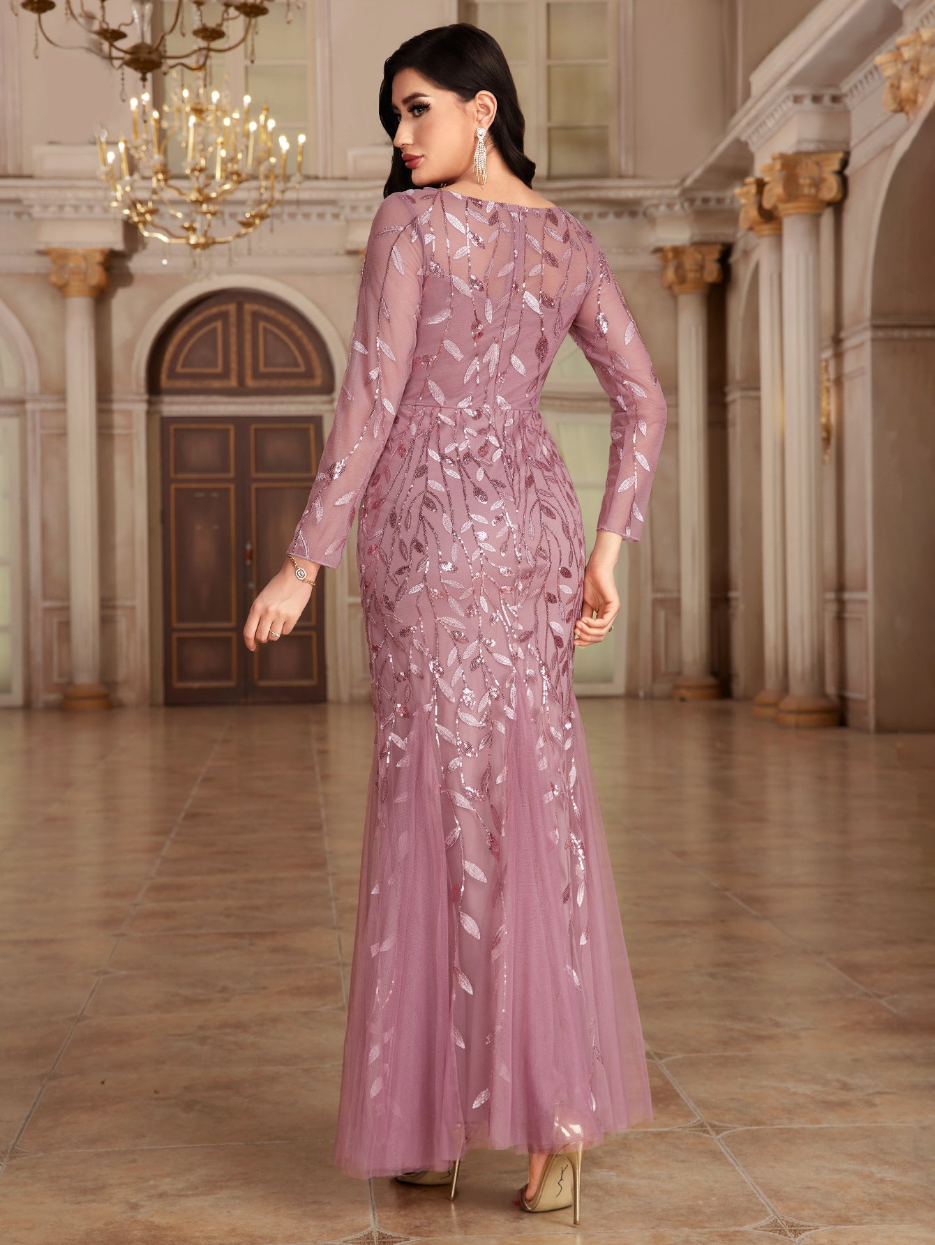 Ätherisches U-Ausschnitt Lange Illusionsärmel Etuikleid aus Spitze Maxi Abendkleid