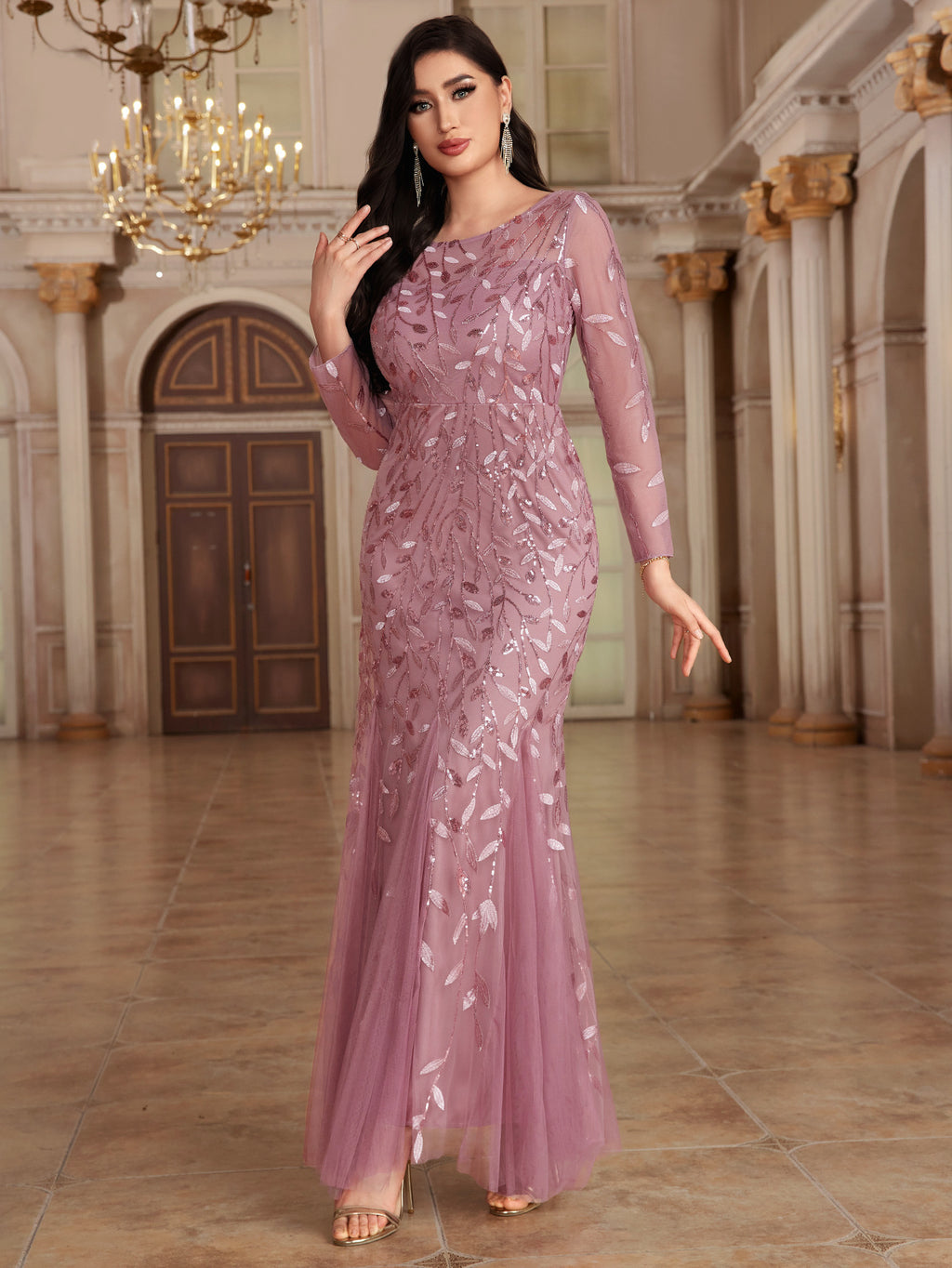 Ätherisches U-Ausschnitt Lange Illusionsärmel Etuikleid aus Spitze Maxi Abendkleid