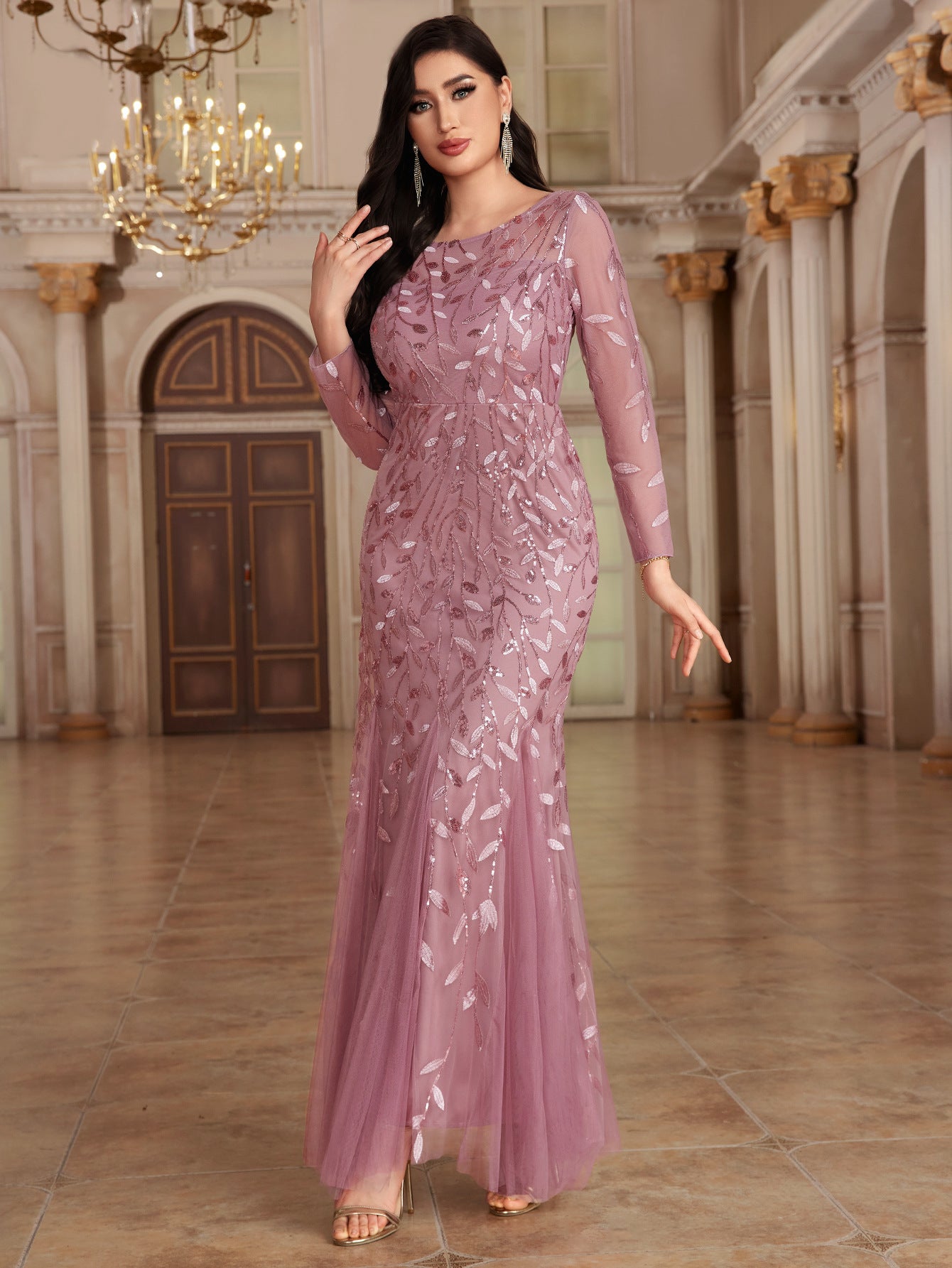 Ätherisches U-Ausschnitt Lange Illusionsärmel Etuikleid aus Spitze Maxi Abendkleid