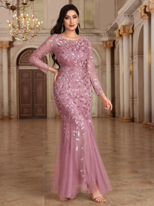 Ethereal Scoop Neckline Long Illusion Sleeves Sheath Lace Maxi Formal/Evening Dress