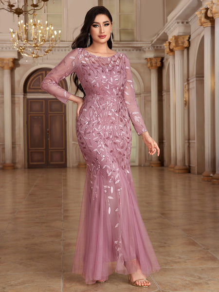 Ethereal Scoop Neckline Long Illusion Sleeves Sheath Lace Maxi Formal/Evening Dress