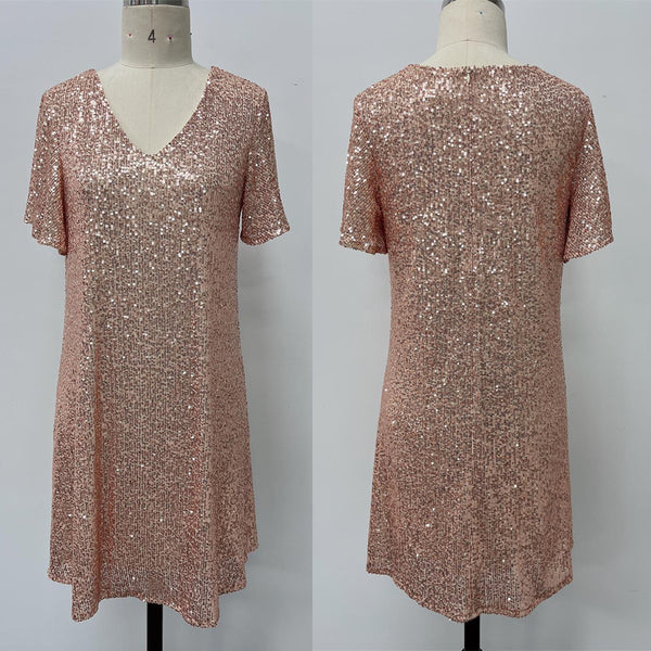 Chic Plus Size V-Neck Short Sleeves Sequined Knee-Length A-Line Dress