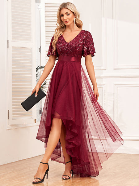 V-Neck Short Sleeves Sequined Bodice High-Low A-Line Tulle Skirt Evening Dress