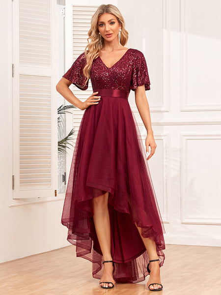 V-Neck Short Sleeves Sequined Bodice High-Low A-Line Tulle Skirt Evening Dress