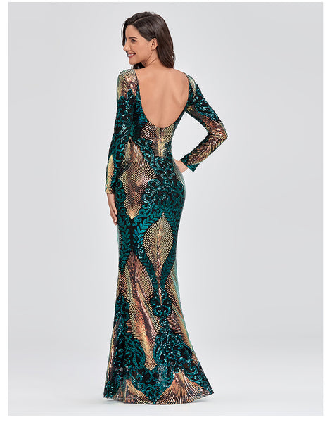 Alluring Scoop Neck Open Back Long Sleeves Sequined Sheath Maxi Formal/Evening Dress