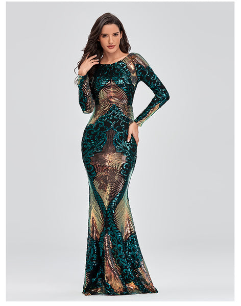 Alluring Scoop Neck Open Back Long Sleeves Sequined Sheath Maxi Formal/Evening Dress