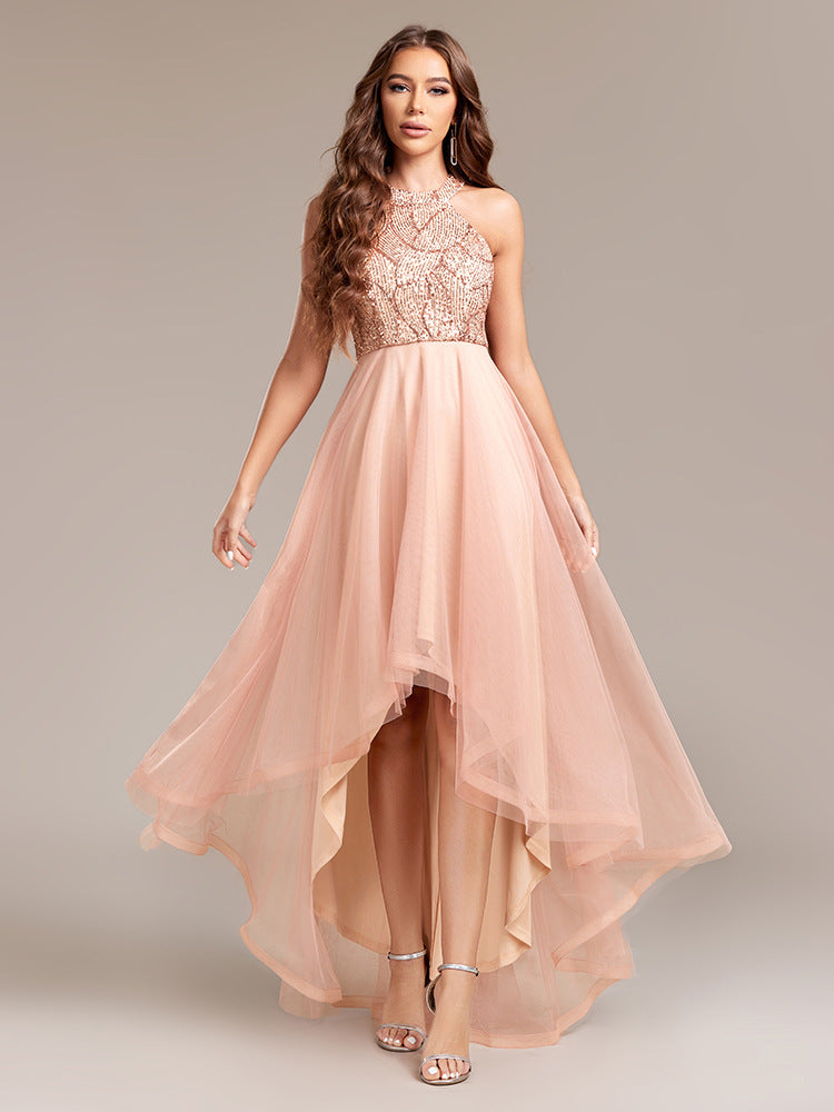 Halter Neck Sequined Bodice A-line Tulle Skirt High-low Dress