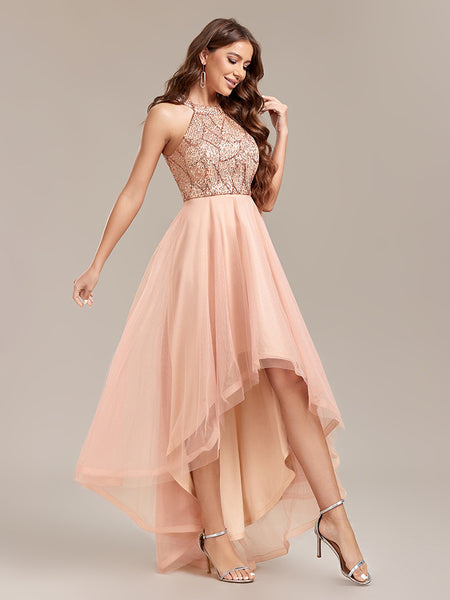 Halter Neck Sequined Bodice A-line Tulle Skirt High-low Dress