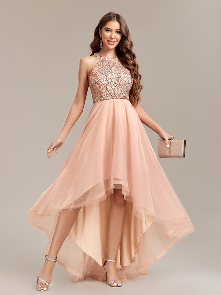 Halter Neck Sequined Bodice A-line Tulle Skirt High-low Dress