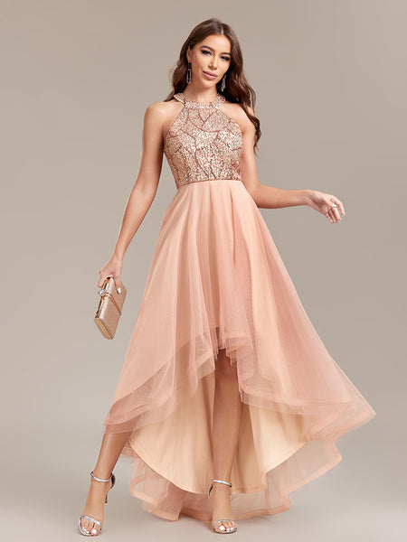 Halter Neck Sequined Bodice A-line Tulle Skirt High-low Dress