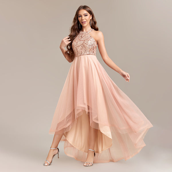 Halter Neck Sequined Bodice A-line Tulle Skirt High-low Dress