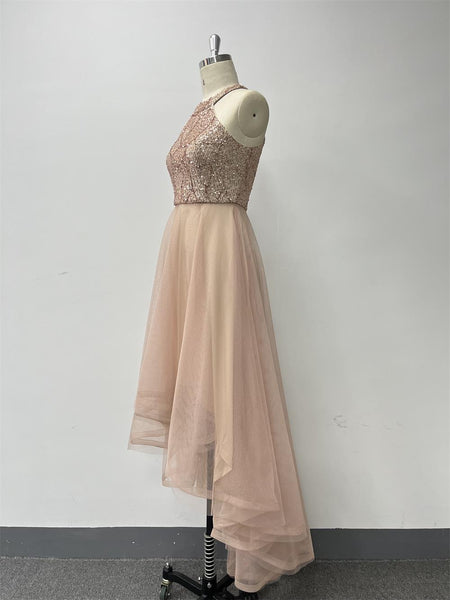 Halter Neck Sequined Bodice A-line Tulle Skirt High-low Dress