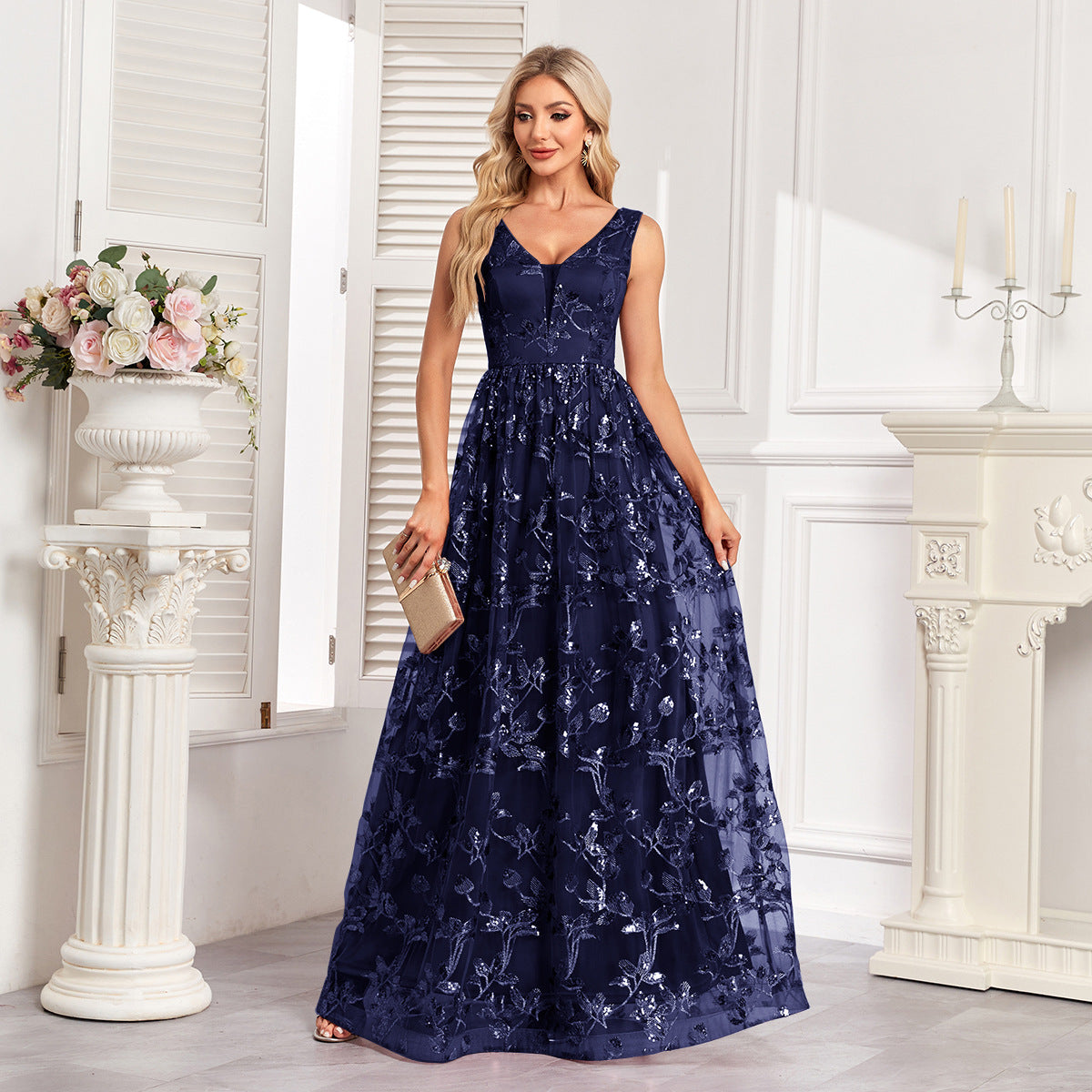 Luxusní maxi šaty bez rukávů s výstřihem do V, áčkového střihu, třpytivé formální/večerní