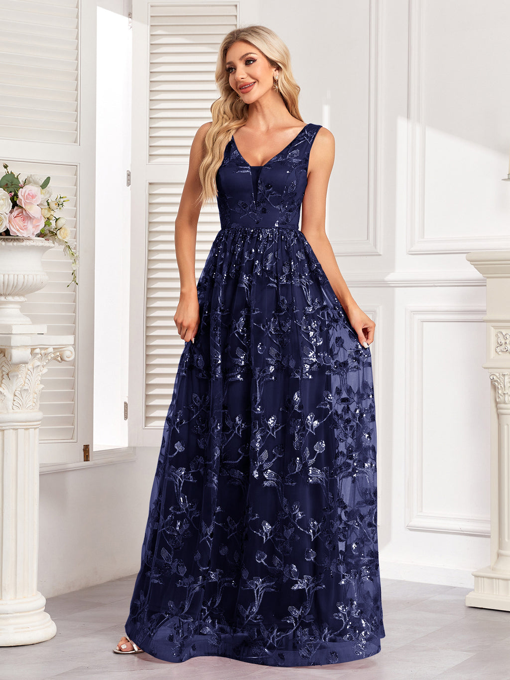 Luxusní maxi šaty bez rukávů s výstřihem do V, áčkového střihu, třpytivé formální/večerní