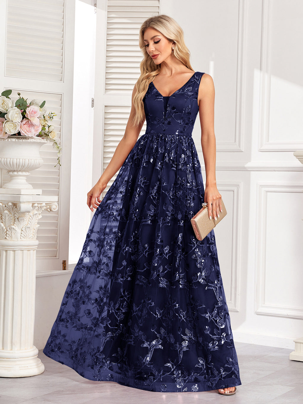 Luxusní maxi šaty bez rukávů s výstřihem do V, áčkového střihu, třpytivé formální/večerní