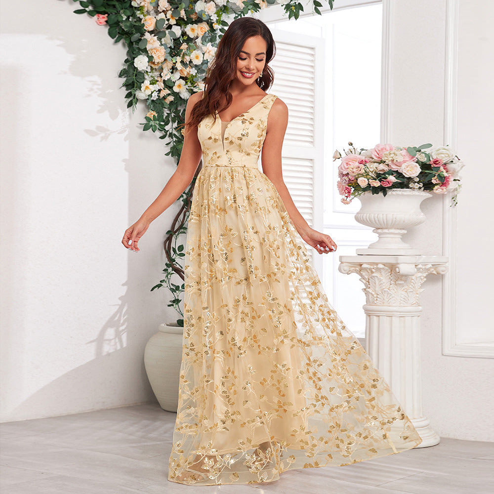 Luxusní maxi šaty bez rukávů s výstřihem do V, áčkového střihu, třpytivé formální/večerní