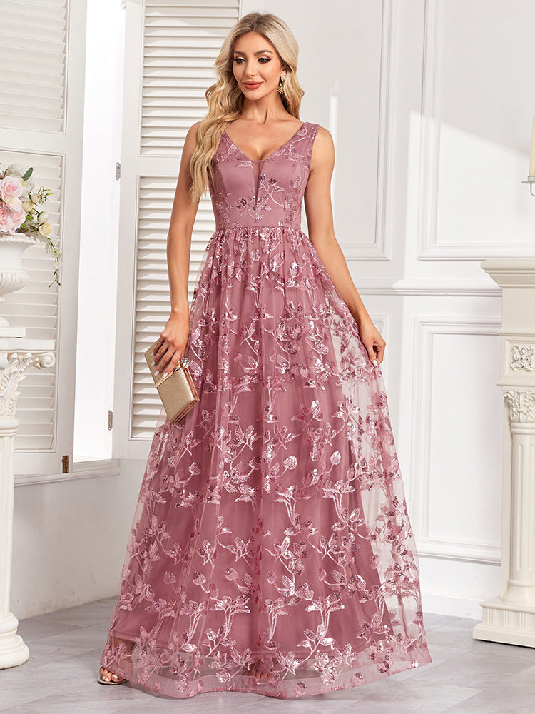 Luxusní maxi šaty bez rukávů s výstřihem do V, áčkového střihu, třpytivé formální/večerní