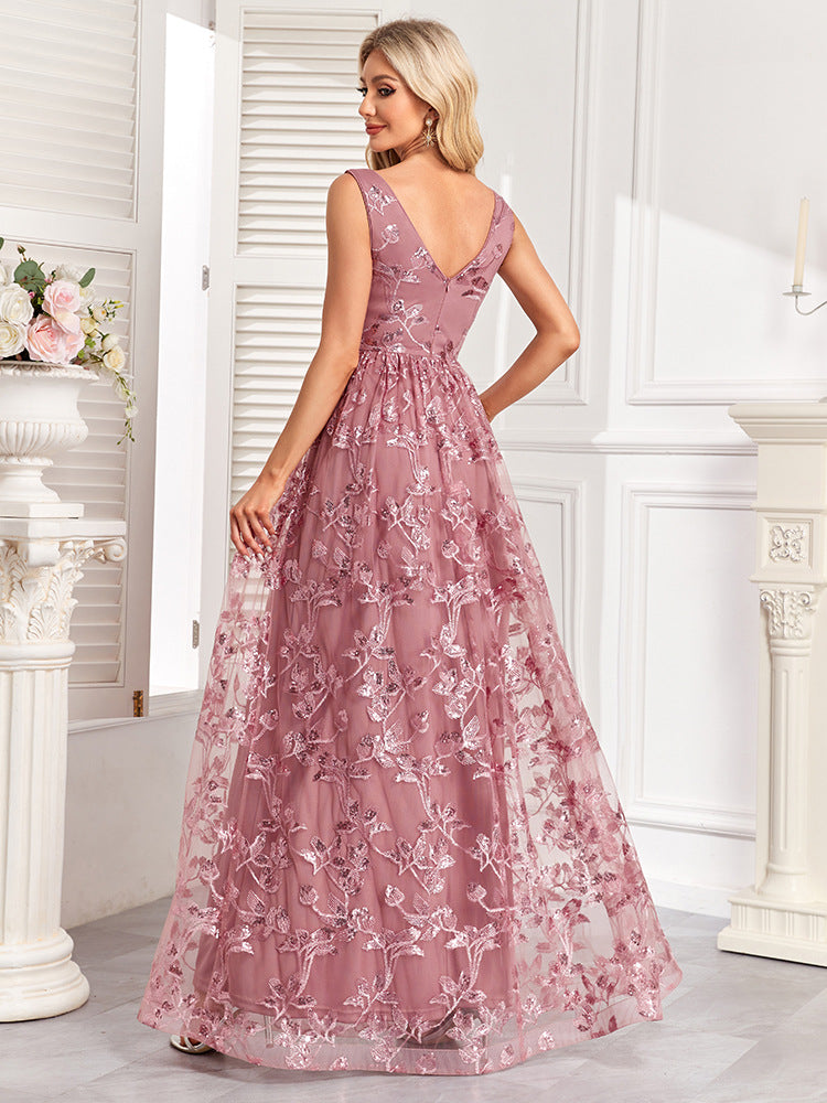 Luxusní maxi šaty bez rukávů s výstřihem do V, áčkového střihu, třpytivé formální/večerní