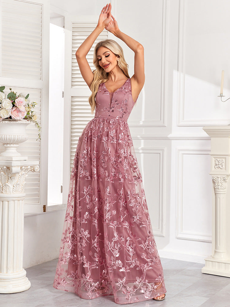 Luxusní maxi šaty bez rukávů s výstřihem do V, áčkového střihu, třpytivé formální/večerní