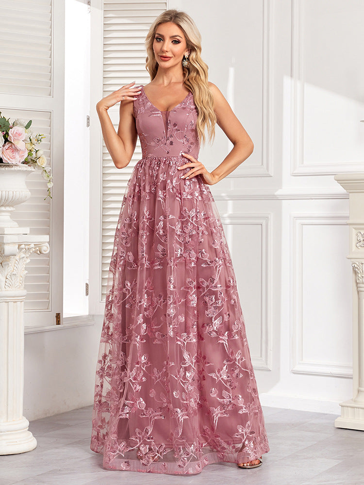 Luxusní maxi šaty bez rukávů s výstřihem do V, áčkového střihu, třpytivé formální/večerní