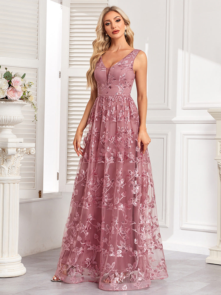 Luxusní maxi šaty bez rukávů s výstřihem do V, áčkového střihu, třpytivé formální/večerní