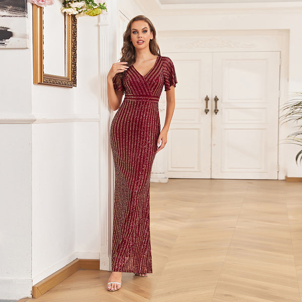 Striped Sequined V-Neck Short Sleeves Sheath Maxi Formal/Evening Dress