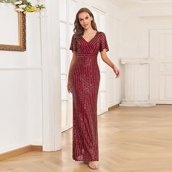 Striped Sequined V-Neck Short Sleeves Sheath Maxi Formal/Evening Dress