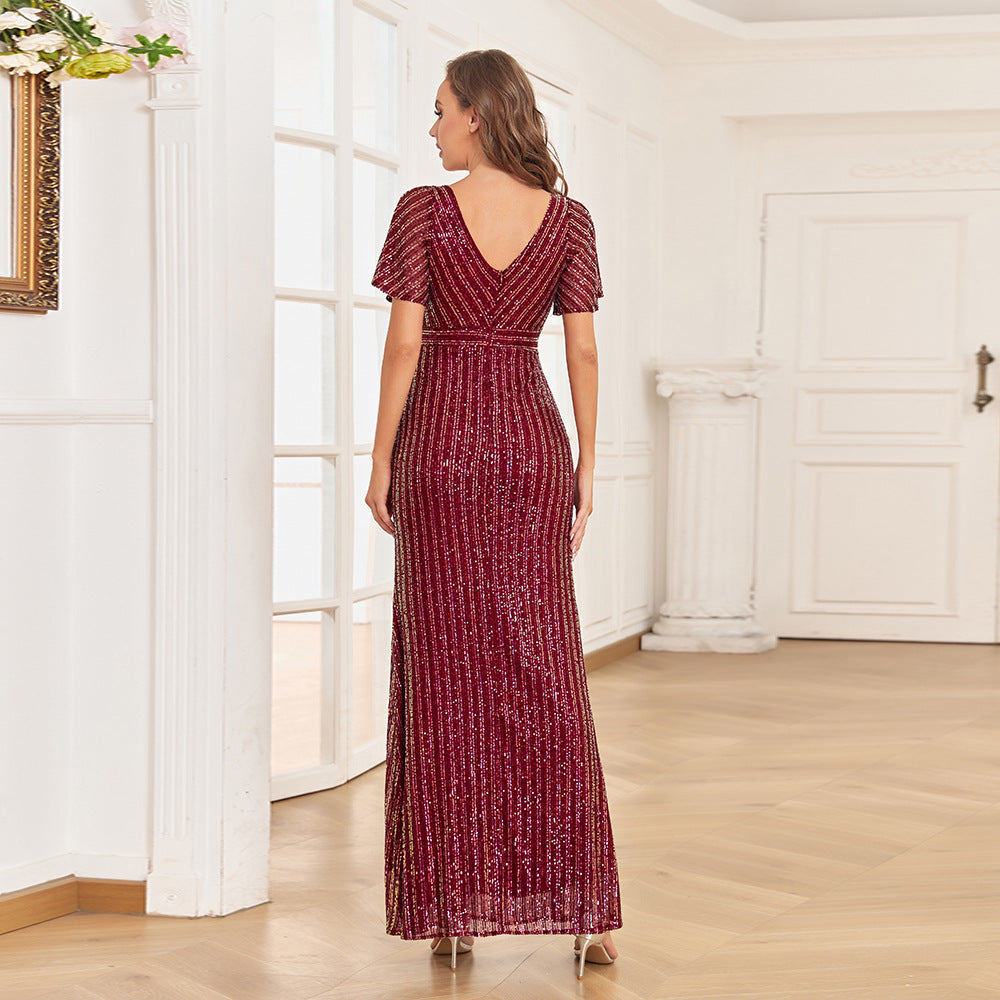 Proužkované flitrované maxi formální/večerní šaty s krátkými rukávy a výstřihem do V