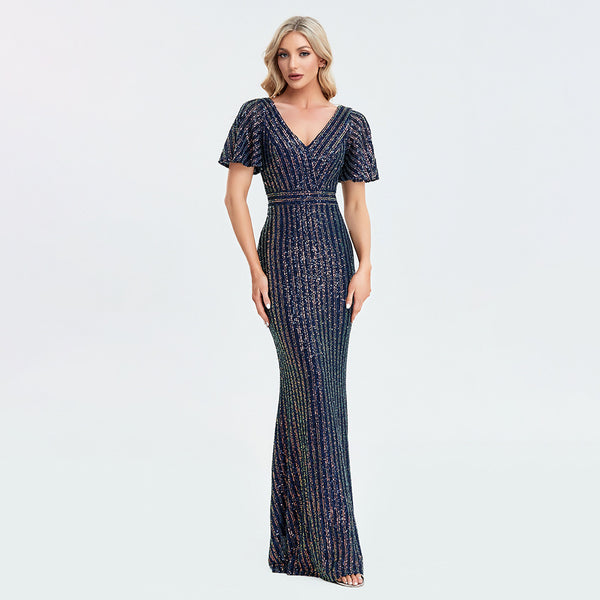 Striped Sequined V-Neck Short Sleeves Sheath Maxi Formal/Evening Dress