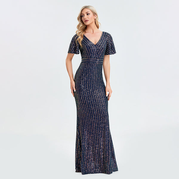 Striped Sequined V-Neck Short Sleeves Sheath Maxi Formal/Evening Dress