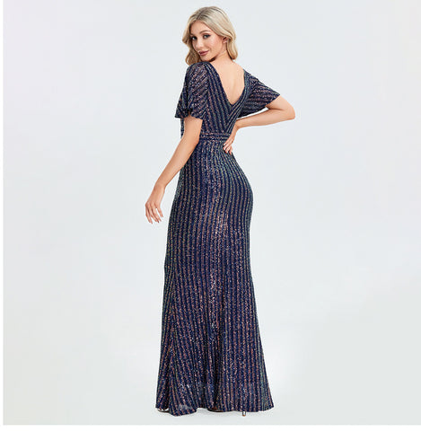 Striped Sequined V-Neck Short Sleeves Sheath Maxi Formal/Evening Dress