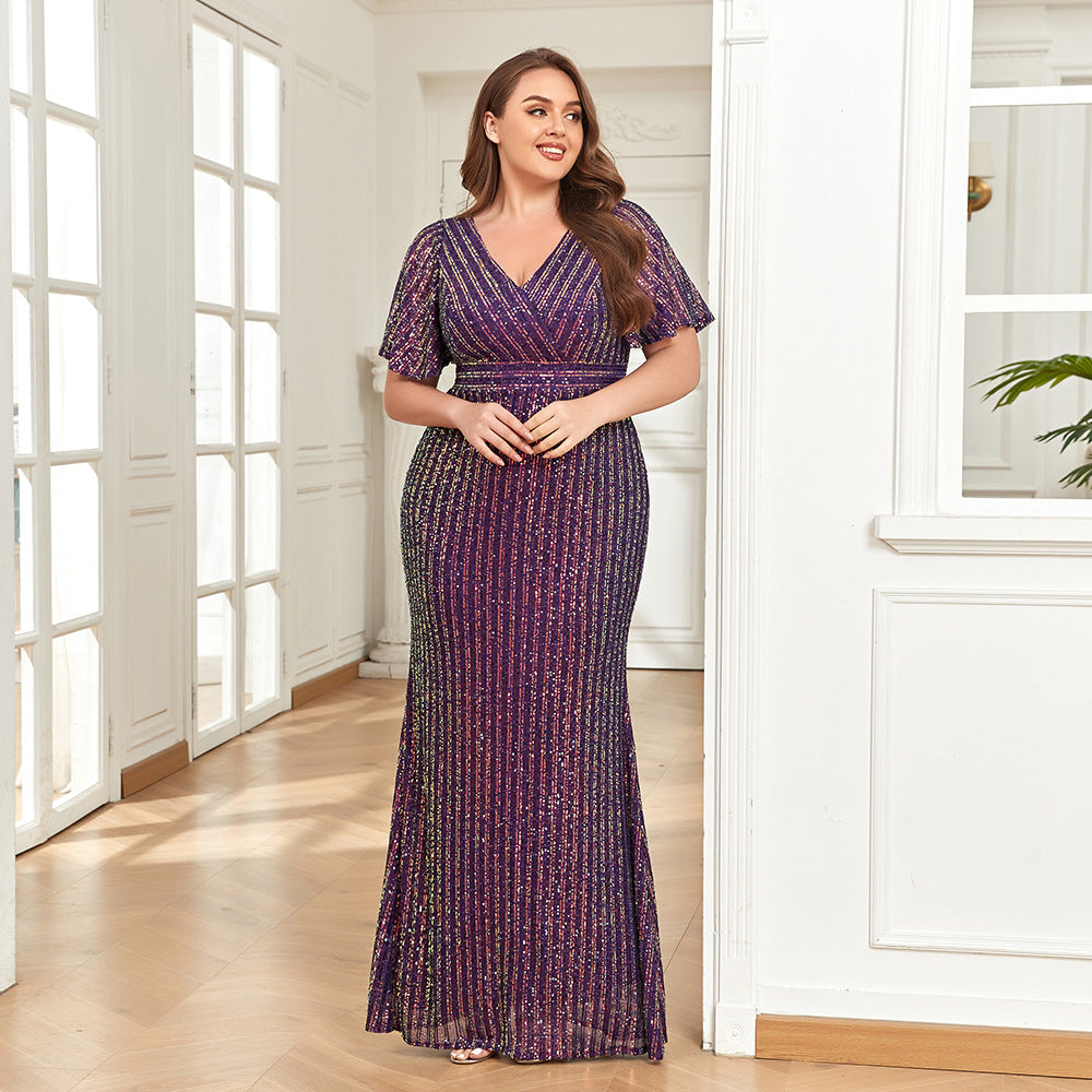 Proužkované flitrované maxi formální/večerní šaty s krátkými rukávy a výstřihem do V