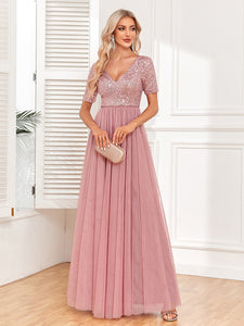 V-Neck Short Sleeves Sequined Bodice Maxi A-Line Tulle Skirt Evening/Bridesmaid Dress