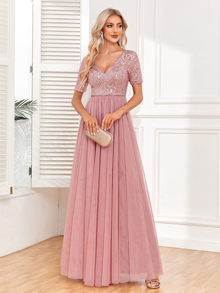 V-Neck Short Sleeves Sequined Bodice Maxi A-Line Tulle Skirt Evening/Bridesmaid Dress