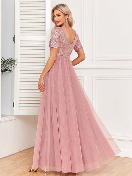 V-Neck Short Sleeves Sequined Bodice Maxi A-Line Tulle Skirt Evening/Bridesmaid Dress