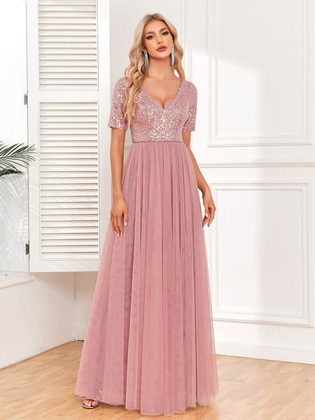 V-Neck Short Sleeves Sequined Bodice Maxi A-Line Tulle Skirt Evening/Bridesmaid Dress