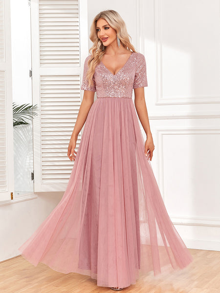 V-Neck Short Sleeves Sequined Bodice Maxi A-Line Tulle Skirt Evening/Bridesmaid Dress