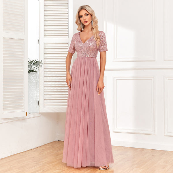 V-Neck Short Sleeves Sequined Bodice Maxi A-Line Tulle Skirt Evening/Bridesmaid Dress