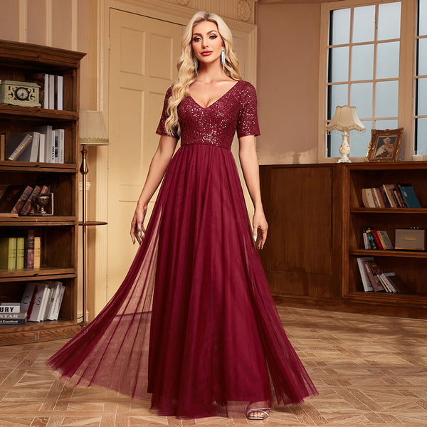 V-Neck Short Sleeves Sequined Bodice Maxi A-Line Tulle Skirt Evening/Bridesmaid Dress