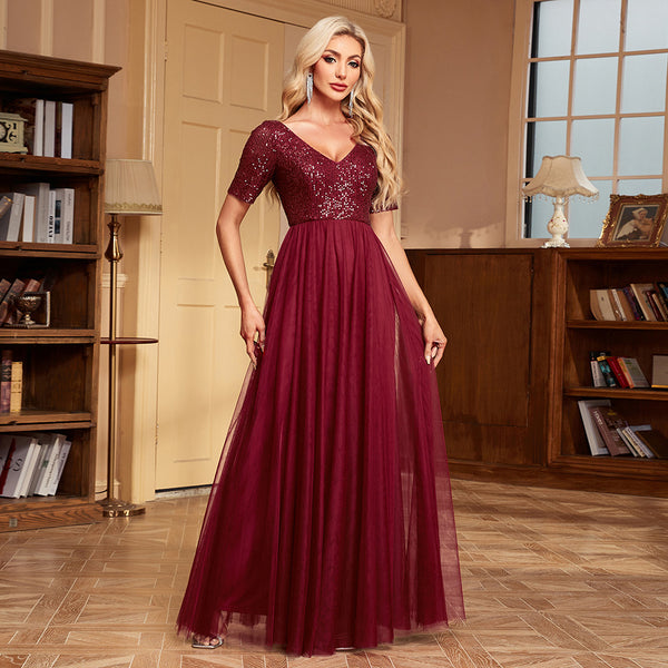 V-Neck Short Sleeves Sequined Bodice Maxi A-Line Tulle Skirt Evening/Bridesmaid Dress