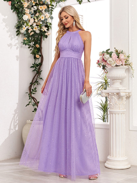 Demure Sparkling Halter Neck Sleeveless Empire Waist A-Line Maxi Bridesmaid/Prom/Evening Dress with Bow